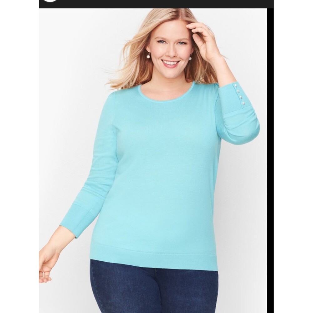 Talbots Gathered Shoulder  Aqua Crewneck Merino Sweater with Cuff Buttons 3XP